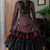 Gothic Style Elegant Retro Stand Collar Stripe Contrasting Color Slim Fit Gothic Lolita Long Sleeve Dress