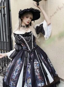 Black Classical Palace Style Gorgeous Colorful Windows Retro Lace Necklace Hat Gothic Lolita Long Sleeves Dress Set -MIMY Lolita Shop 3 500x672 102