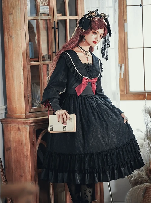 Black Elegant Lace Pearl Chiffon Lapel Bow-Knot Frenulum Pearl Cuffs Gothic Lolita Long Sleeve Dress 4 Black Elegant Lace Pearl Chiffon Lapel Bow-Knot Frenulum Pearl Cuffs Gothic Lolita Long Sleeve Dress - Image 2