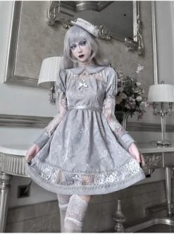 Rose Funeral Series White Gothic Lolita Dirty Dyed Jacquard Cute Doll Collar Long Sleeve Dress -MIMY Lolita Shop 3 500x672 11