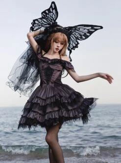 Silent Melody Series Ballet Style Pure Color Backless Elegant Lace Stitching Gothic Lolita Short Sleeve Dress -MIMY Lolita Shop 3 500x672 110