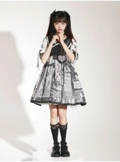 Little Tengu Series OP Doll Collar Printing Black Cute Gothic Lolita Short Sleeve Dress -MIMY Lolita Shop 3 500x672 112