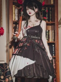 Thorn Rose Series Black White Contrasting Color Rose Thorn Print Irregular Hem Metal Chain Belt Decoration Gothic Lolita Sleeveless Dress -MIMY Lolita Shop 3 500x672 115