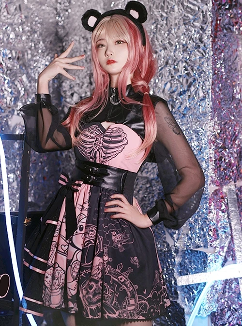 Sweet Cool Style Stand Collar PU Long-Sleeved Short Coat Black Powder Color Matching Bear Doll Print Gothic Lolita Sleeveless Dress Set 7 Sweet Cool Style Stand Collar PU Long-Sleeved Short Coat Black Powder Color Matching Bear Doll Print Gothic Lolita Sleeveless Dress Set - Image 5