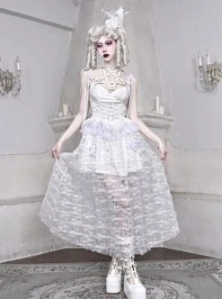 Perspective White Lace Hem Design Asymmetric Stitching V-Neck Detachable Pentagram Accessories Gothic Lolita Sleeveless Dress -MIMY Lolita Shop 3 500x672 12