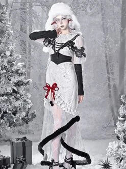 Winter Carol Series Jacquard Fabric Snowflake Printing Black Plush Decoration Transparent Fishtail Skirt Hem Gothic Lolita Long-Sleeved Dress -MIMY Lolita Shop 3 500x672 121