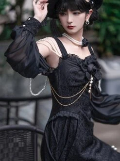 Camellia Series Elegant Black Rose Flower Bow Bead Chain Decoration Irregular Fishtail Hem Gothic Lolita Dress -MIMY Lolita Shop 3 500x672 142