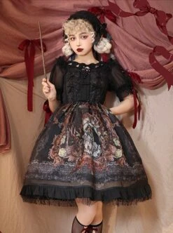Gothic Vintage Print Grape Bow Decorative Ruffle Hem Gothic Lolita Sleeveless Dress -MIMY Lolita Shop 3 500x672 148
