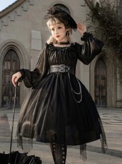 Solid Color Two-Wear Off-The-Shoulder Lantern Sleeve Metal Chain Waistband Irregular Hem Gothic Lolita Long-Sleeved Dress -MIMY Lolita Shop 3 500x672 156