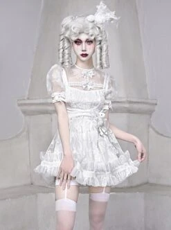 Gothic White Chiffon Puff Sleeve Thorn Jacquard Asymmetrical Hem Design Gothic Lolita Short Sleeve Dress -MIMY Lolita Shop 3 500x672 158