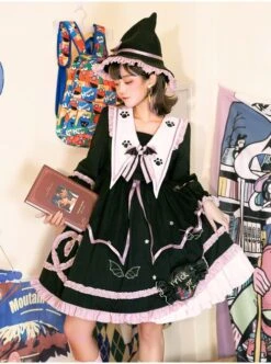 Magic House Series OP Cute Little Devil Cat Ears Pointed Collar Gothic Lolita Halloween Long Sleeve Thick Dress -MIMY Lolita Shop 3 500x672 160