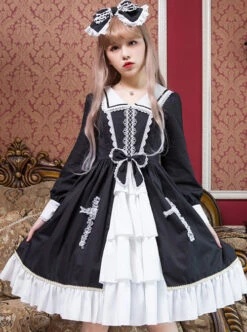 Black And White Bowknot Lace Crucifix Gothic Lolita Lapel Long Sleeve Dress -MIMY Lolita Shop 3 500x672 164