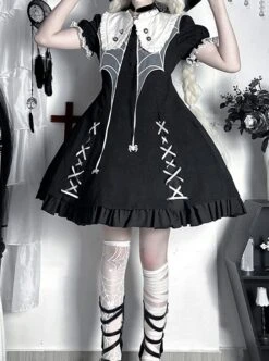Spider Witch Series Cobweb Doll Collar Cobweb Black High Waist Ruffle Cross Straps Gothic Lolita Puff Sleeves Dress -MIMY Lolita Shop 3 500x672 166