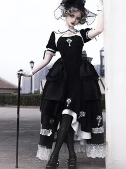 Undead Prayer Series Nun Style Black-White Cross Embroidered Fishtail Skirt Lace Cover Skirt Gothic Lolita Short-Sleeved Dress -MIMY Lolita Shop 3 500x672 170