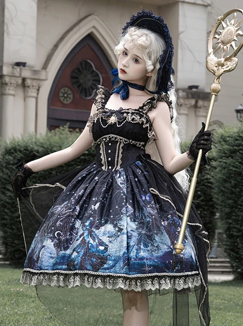 Vintage Gorgeous Fairy Fish Fantasy Print Lace Square Neck Elegant Bead Chain Decorate Gothic Lolita Sleeveless Dress 6 Vintage Gorgeous Fairy Fish Fantasy Print Lace Square Neck Elegant Bead Chain Decorate Gothic Lolita Sleeveless Dress - Image 4