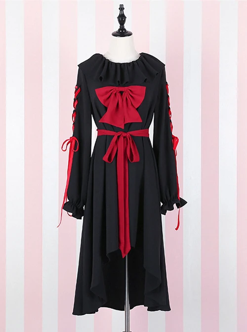 Black Bind Strap Bowknot Gothic Lolita Long Sleeve Dress 3 Black Bind Strap Bowknot Gothic Lolita Long Sleeve Dress