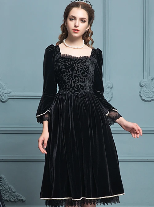 Black Velour Lace Edge Gothic Lolita Long Sleeve Dress 8 Black Velour Lace Edge Gothic Lolita Long Sleeve Dress - Image 6