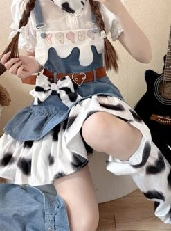 Cow Party Series Ultra Short Blue Denim Spice Black White Spots Sweet Lolita Suspender Skirt Belt Leg Sleeves Dress Set -MIMY Lolita Shop 3 500x672 200