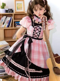 Tsubaki Sakura Series OP Idol Singing Clothes Black Sweet Pink Plaid Sweet Lolita Short Sleeve Dress -MIMY Lolita Shop 3 500x672 213