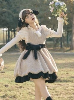 Lamb Ollie Series Apricot Cute Soft Lambswool Stitched Black Bowknot Belt Ruffled Hem Sweet Lolita Sleeveless Dress JSK Set 12 Lamb Ollie Series Apricot Cute Soft Lambswool Stitched Black Bowknot Belt Ruffled Hem Sweet Lolita Sleeveless Dress JSK Set -MIMY Lolita Shop 3 500x672 219
