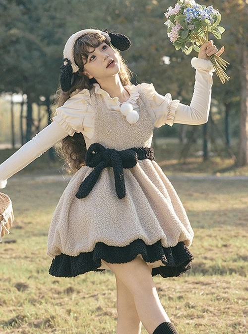 Lamb Ollie Series Apricot Cute Soft Lambswool Stitched Black Bowknot Belt Ruffled Hem Sweet Lolita Sleeveless Dress JSK Set 7 Lamb Ollie Series Apricot Cute Soft Lambswool Stitched Black Bowknot Belt Ruffled Hem Sweet Lolita Sleeveless Dress JSK Set - Image 5