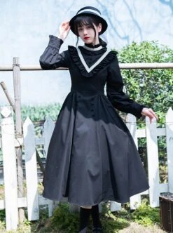 Olivia Series Black Small Stand Collar Ruffles White Round Splice V Shape Line Elegant Large Hem Gothic Lolita Lantern Long Sleeve Dress -MIMY Lolita Shop 3 500x672 22