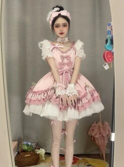 Peach Oolong Series Gentle Pink Bowknot Decoration Lace Hem Sweet Lolita Short Sleeve Dress -MIMY Lolita Shop 3 500x672 225