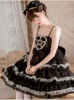 Dumeisha's Star Wish Series JSK Cute Black Bowknot Ruffles Three-stage Hem Suspender Skirt Sweet Lolita Dress -MIMY Lolita Shop 3 500x672 232
