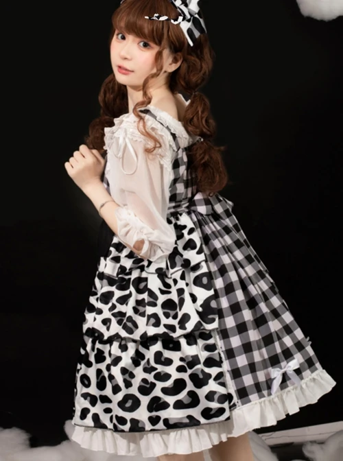 Meow Claw Planet Series Black-White Plaid Cute Cat Claw Leopard Print Bowknot Sweet Lolita Sleeveless Dress 3 Meow Claw Planet Series Black-White Plaid Cute Cat Claw Leopard Print Bowknot Sweet Lolita Sleeveless Dress