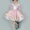 Pink Sweet Cute Little Maid Print Apron Puff Sleeves Bowknot Decoration Girls Sweet Lolita Short Sleeve Dress