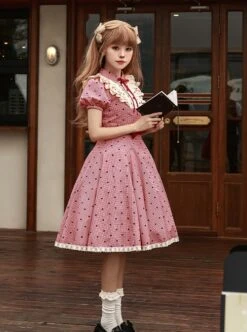 Limited Sweetheart Series Retro Cute Ruffle Bowknot Neckline Plaid Heart Pattern Sweet Lolita Short Sleeve Dress -MIMY Lolita Shop 3 500x672 257