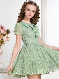 Green Cute Doll Collar Bowknot Sweet Lolita Short Sleeve Dress -MIMY Lolita Shop 3 500x672 275