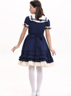 Navy Blue Bowknot Sweet Lolita Short Sleeve Dress -MIMY Lolita Shop 3 500x672 279