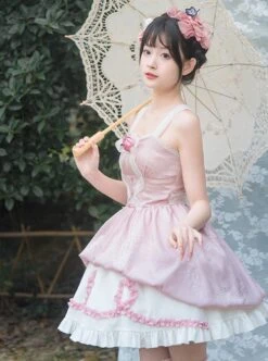 Throbbing Series Rose Print Cute Girly Pink Bud Summer Sweet Lolita Sleeveless Dress -MIMY Lolita Shop 3 500x672 291