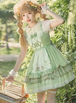 Lucky Day Series Green Plaid Stitching Small Fresh Rabbit Print Cute Girly Sweet Lolita Sleeveless Dress Set -MIMY Lolita Shop 3 500x672 302