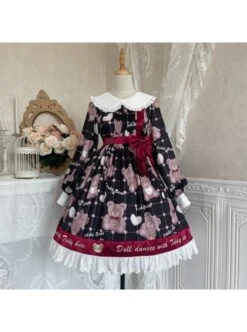 Doll Bear Series OP Doll Collar Cute Bears Printing Sweet Lolita Long Sleeve Dress -MIMY Lolita Shop 3 500x672 305