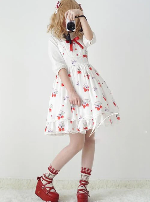 Fashion Strawberry Cat Printing Cute Sweet Lolita Sling Dress 6 Fashion Strawberry Cat Printing Cute Sweet Lolita Sling Dress - Image 4