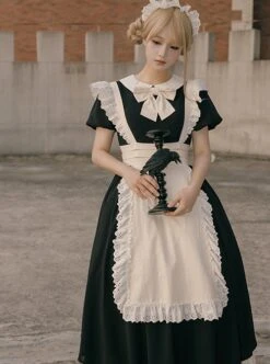 Kiss Kiss Series Elegant Fake Two Piece Lace Apron Design Black Maid Outfit Sweet Lolita Short Sleeved Dress -MIMY Lolita Shop 3 500x672 310