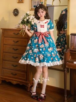 Doll Collar Lace Bear Strawberry Print Puff Sleeve Bow Red And White Striped Belt Sweet Lolita Short Sleeve Dress 18 Doll Collar Lace Bear Strawberry Print Puff Sleeve Bow Red And White Striped Belt Sweet Lolita Short Sleeve Dress -MIMY Lolita Shop 3 500x672 312