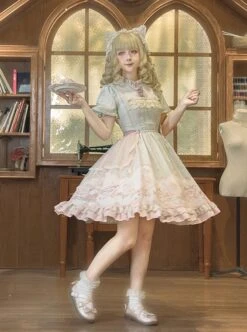 Rose Garden Series Cute Teacup Embroidery Pink Tea Party Print Lace Sweet Lolita Small Round Neck Puff Sleeve Dress Apron Set -MIMY Lolita Shop 3 500x672 318