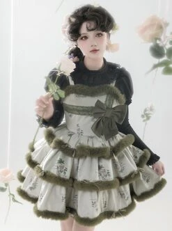 Painting Dreams Forest Elf Series Morandi Forest Green Plush Little Cape Elegant Sweet Multi-Tiered Fluffy Sweet Lolita Dress JSK Set -MIMY Lolita Shop 3 500x672 321
