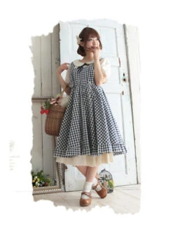 Pastoral Style Lattice Fake Two Pieces Sweet Lolita Short Sleeves Dress -MIMY Lolita Shop 3 500x672 327