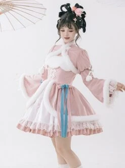 Peach Blossom Fan Series Pink Chinese Style Velvet Embroidery White Fluffy Hair Ball Lace Bowknot Puff Sleeve Short Coat Sleeveless Dress JSK -MIMY Lolita Shop 3 500x672 336