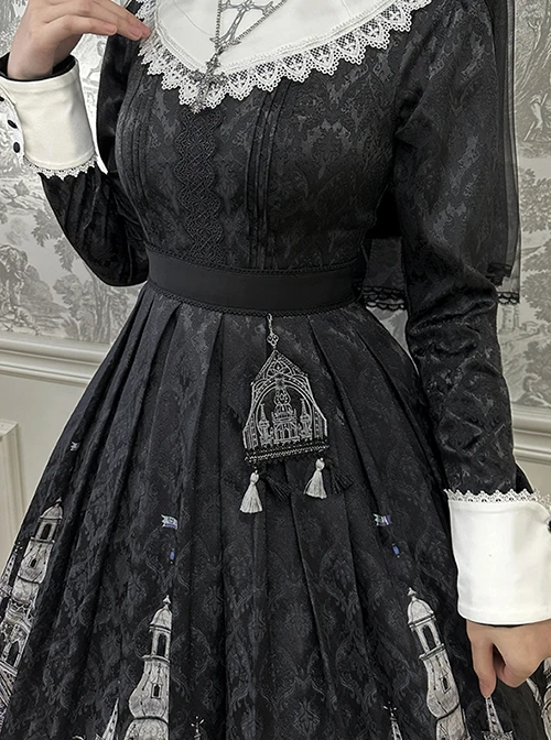 Cross Church Series Nun Style Church Stained Glass Window Printing Dark Black Gothic Lolita Long Sleeves Long Dress OP 5 Cross Church Series Nun Style Church Stained Glass Window Printing Dark Black Gothic Lolita Long Sleeves Long Dress OP - Image 3