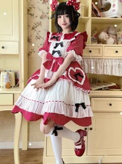 Runaway Sweetheart Series OP Doll Collar Wavy Hem Sweet Lolita Red Cute Short Sleeve Cake Dress -MIMY Lolita Shop 3 500x672 345