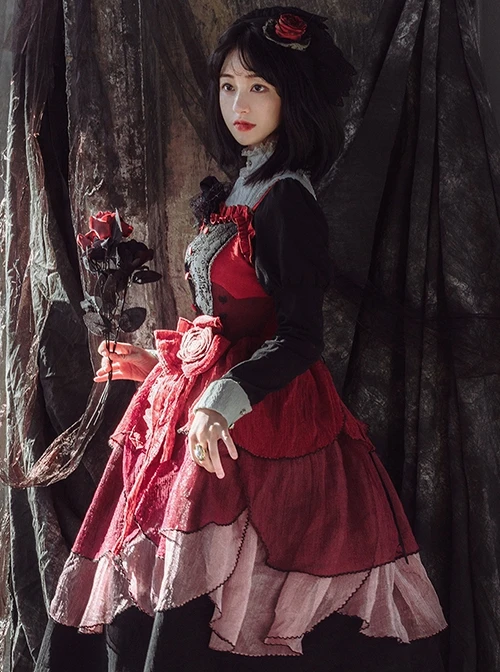 No Man's Land Rose Series Black Jacquard Gradient Petal Hem Gothic Lolita Sleeveless Dress 8 No Man's Land Rose Series Black Jacquard Gradient Petal Hem Gothic Lolita Sleeveless Dress - Image 6