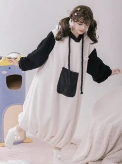 Tuantuan Series Animal Theme Black White Cute Panda Fur Ball Tail Daily Hooded Bud Hem Long Sleeves Dress Soft Nightdress -MIMY Lolita Shop 3 500x672 351