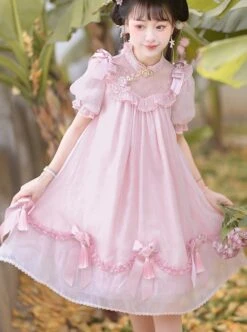 Lovely Ancient Style Peach Blossom Dark Pattern Lace Stand Collar Pearl Bowknot Small Bell Decoration Sweet Lolita Puff Sleeve Dress -MIMY Lolita Shop 3 500x672 352