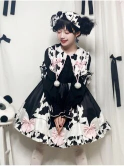 Sweet Snow Ranch Story Series OP Pleated Hem Design Bowknot Sweet Cow Color Sweet Lolita Long Sleeve Dress -MIMY Lolita Shop 3 500x672 368