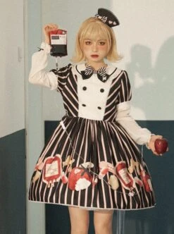 Striped Bow Doll Collar Detachable Sleeves Strawberry Blood Bag Syringe Print Striped Halloween Sweet Lolita Long Sleeve Dress -MIMY Lolita Shop 3 500x672 371